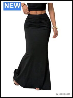 Plus Size High Waisted Maxi Bodycon Skirt Fishtail Hem Stretchy Knit